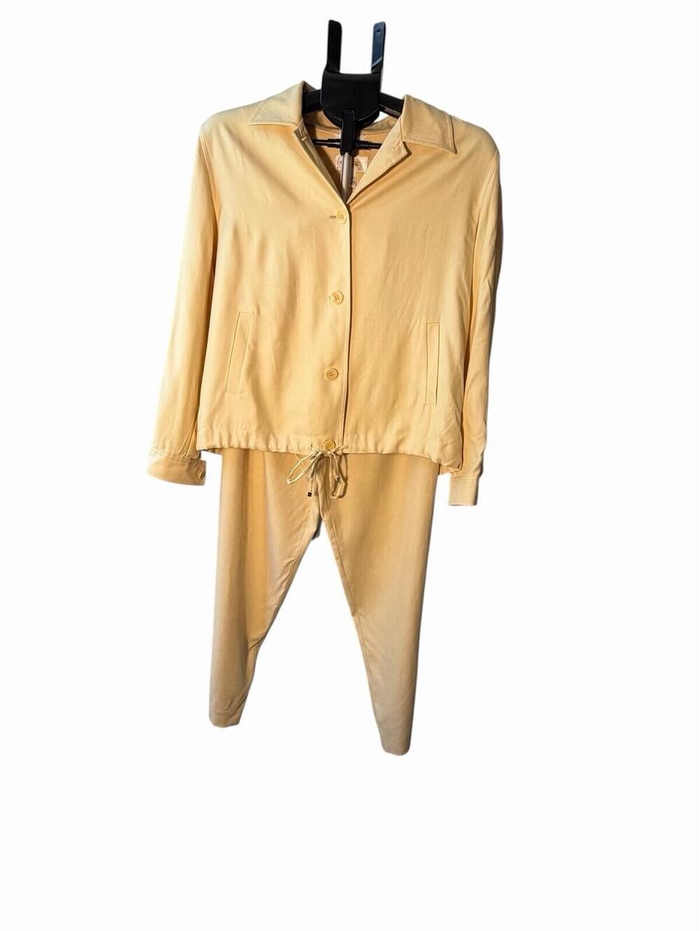Talbots‎ Petites 10 Beige yellow Silk  2pc Jacket & Pants Set Collared Button